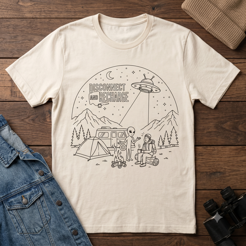 Disconnect and Recharge2 Camping T‑Shirt — Retro UFO Night Sky Outdoor Tee