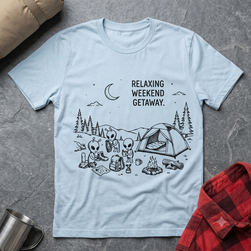 Relaxing Weekend Getaway Funny Alien Camping T-Shirt | UFO Campfire Full Moon Graphic Tee