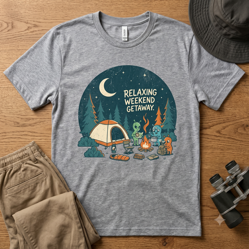 Relaxing Weekend Getaway Color T-Shirt | Cute Alien Camping Graphic Tee | Funny UFO Campfire Shirt
