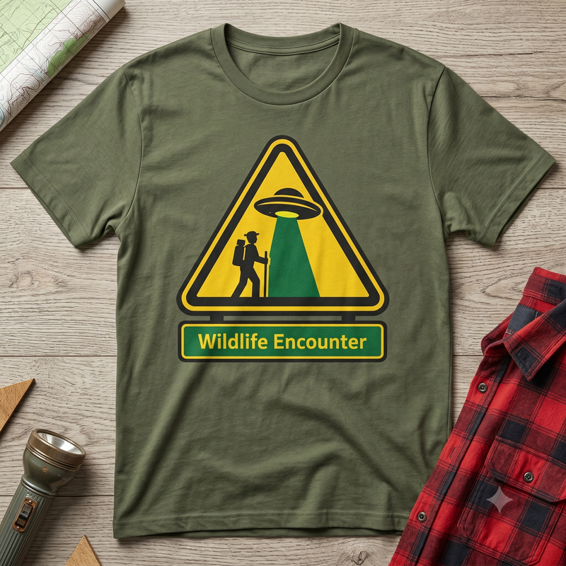 Wildlife Encounter Funny Alien Abduction Hiking T-Shirt – UFO Warning Sign Outdoor Gift for Hikers and Campers
