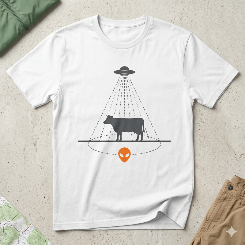 Funny Alien Cow Abduction T-Shirt | Strange Trails Wilderness — UFO Cattle Light Beam Tee