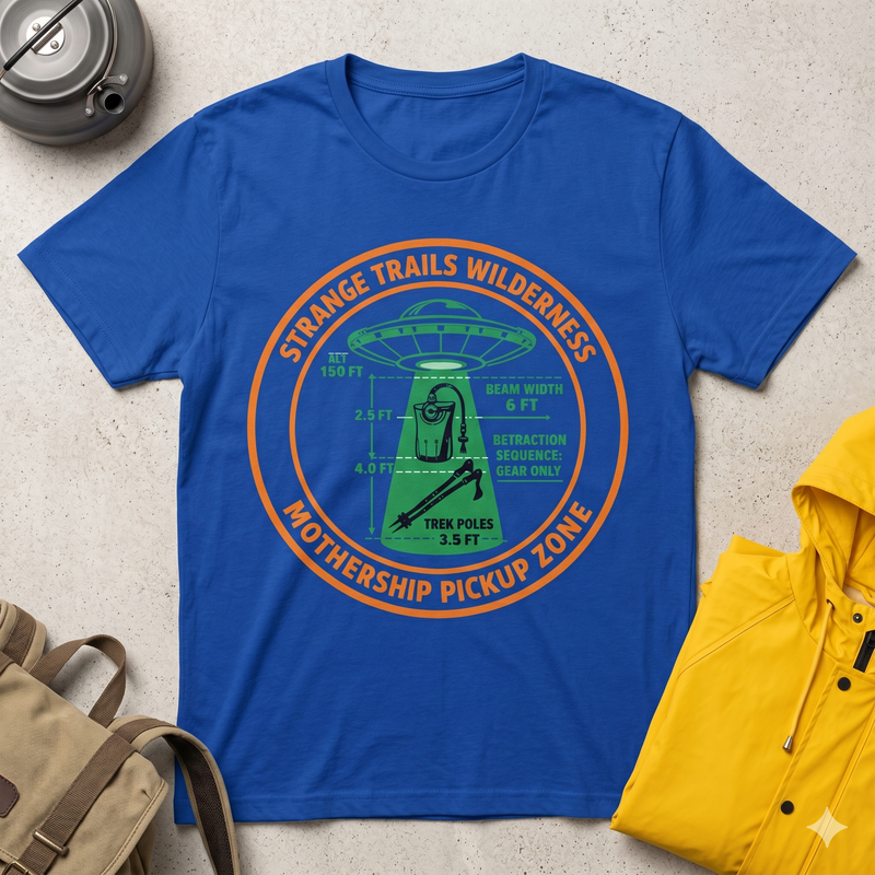 Mothership Pickup Zone T- Shirt | Strange Trails Wilderness — Funny Alien Hiking Tee