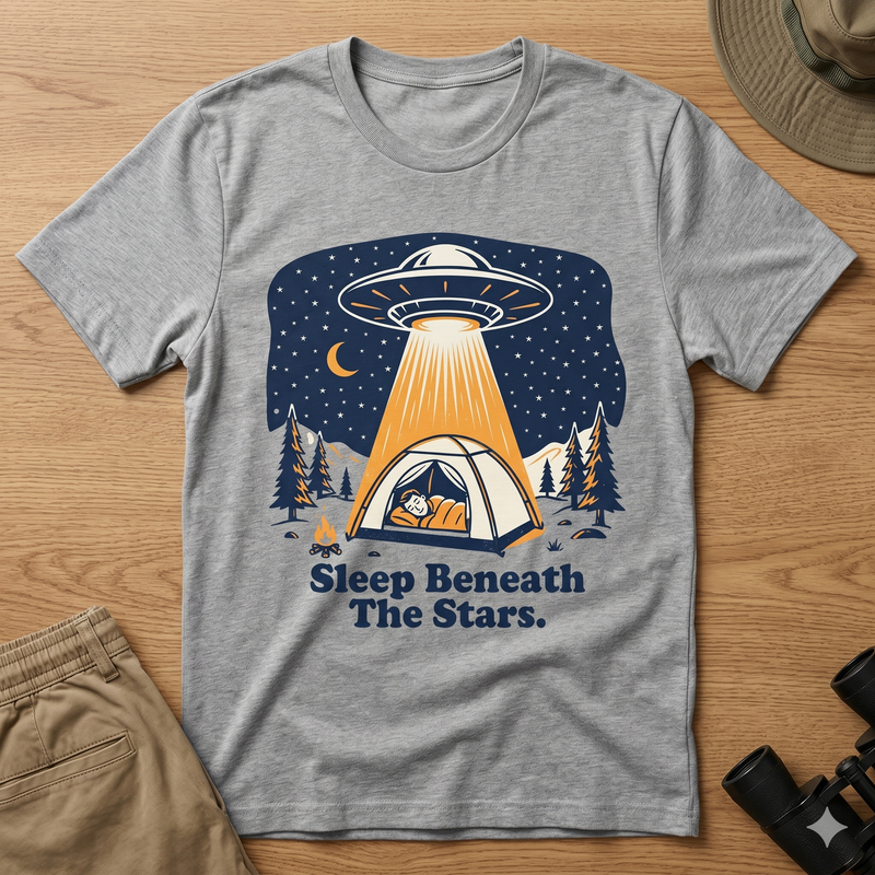Sleep Beneath the Stars Color T-Shirt | Retro UFO Camping Tee | Funny Alien Night Sky Shirt
