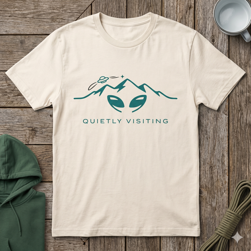 Funny Alien Mountain Shirt | Quietly Visiting Minimalist Alien — Strange Trails Wilderness Tee