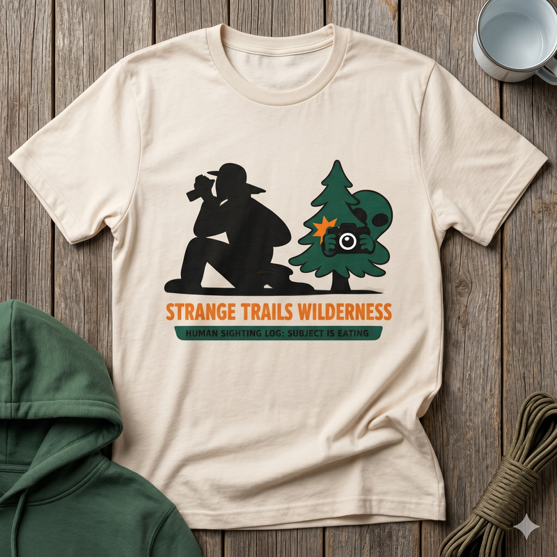 Strange Trails Wilderness Camping T-Shirt — Hiker, Campfire & Forest Outdoor Tee