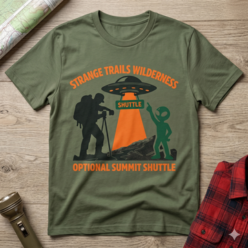 Optional Summit Shuttle Alien T‑Shirt — Strange Trails Wilderness Alien Hiking Tee