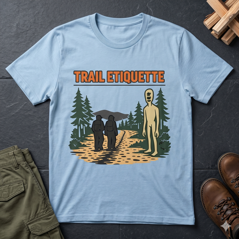 Trail Etiquette T-Shirt – Funny Hiking Shirt with Tall Alien Design