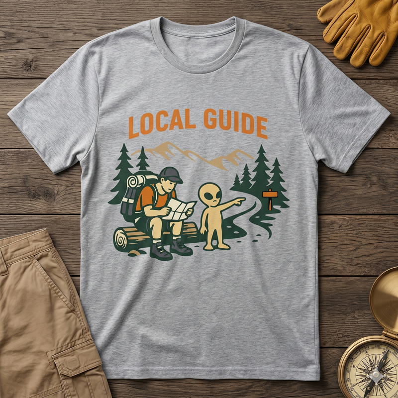 Local Guide T‑Shirt — Alien Hiking Cartoon Camper Tee