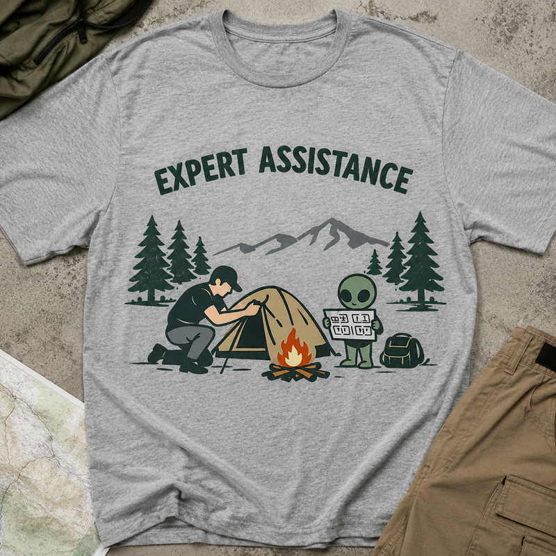 Expert Assistance Alien Camping T-Shirt — Alien Camping Funny Rescue Graphic Tee