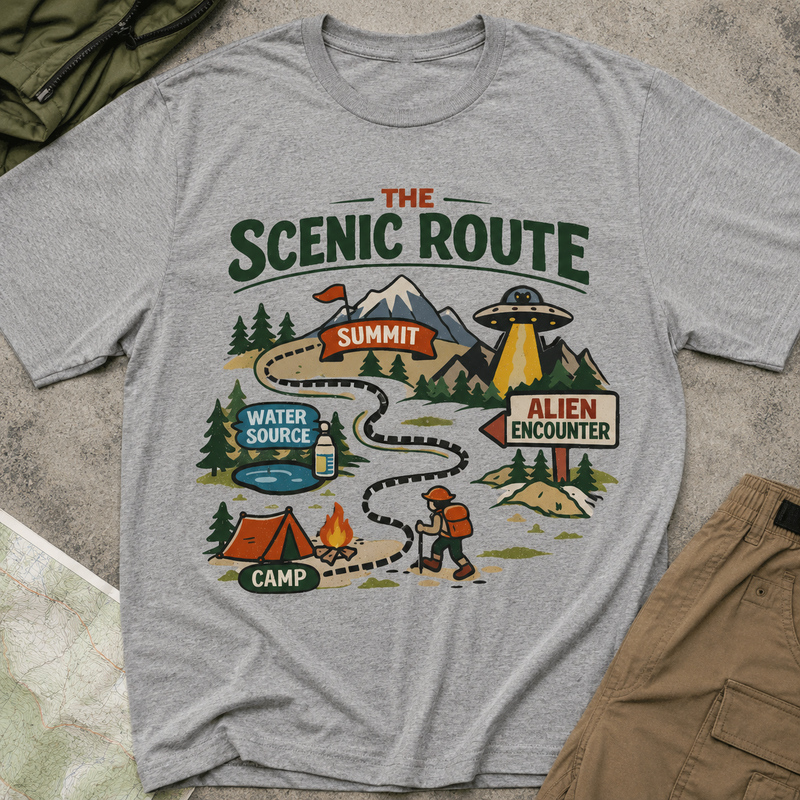 The Scenic Route Adventure T-Shirt — Camping, Hiking & 'Alien Encounter' Graphic Tee