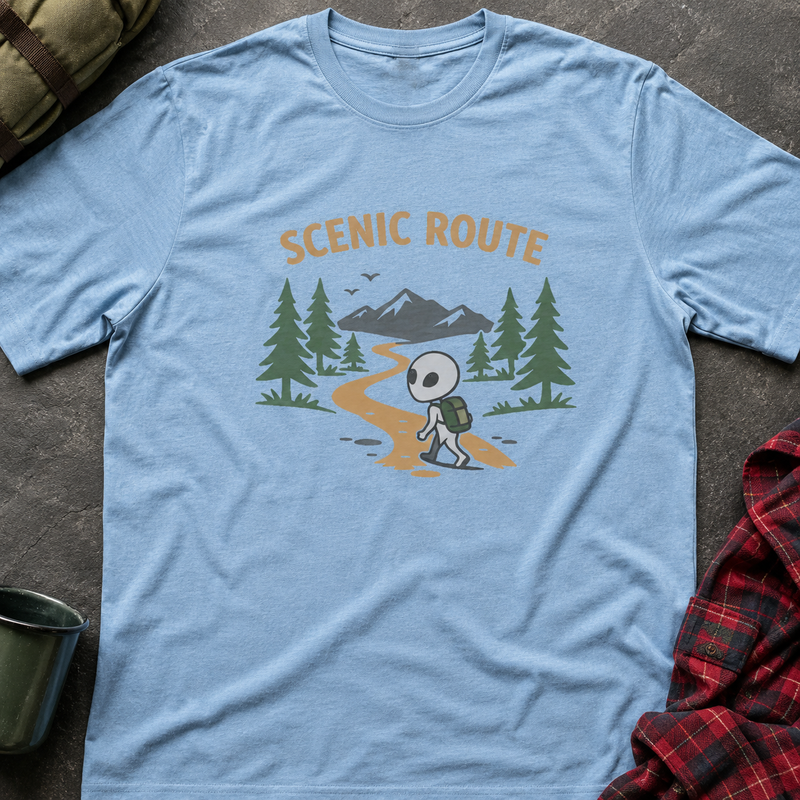 Scenic Route Alien Hiking T-Shirt — Vintage Alien Road Trip Graphic Shirt