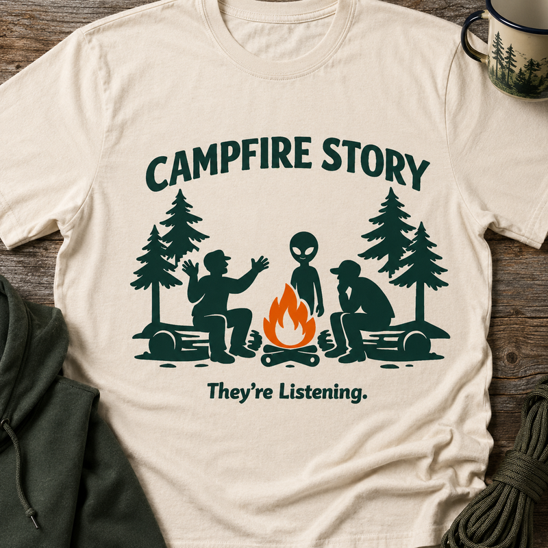 Campfire Story Alien T-Shirt — “They’re Listening” Alien Camping T-Shirt