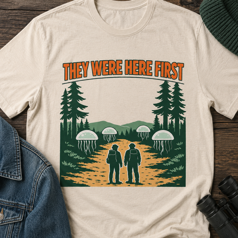 They Were Here First T-Shirt — Retro UFO Camping Graphic Tee