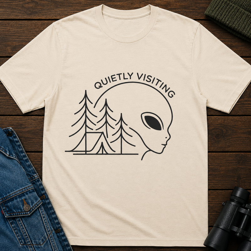 Alien Head T-Shirt — "Quietly Visiting" Alien Camping Graphic Tee