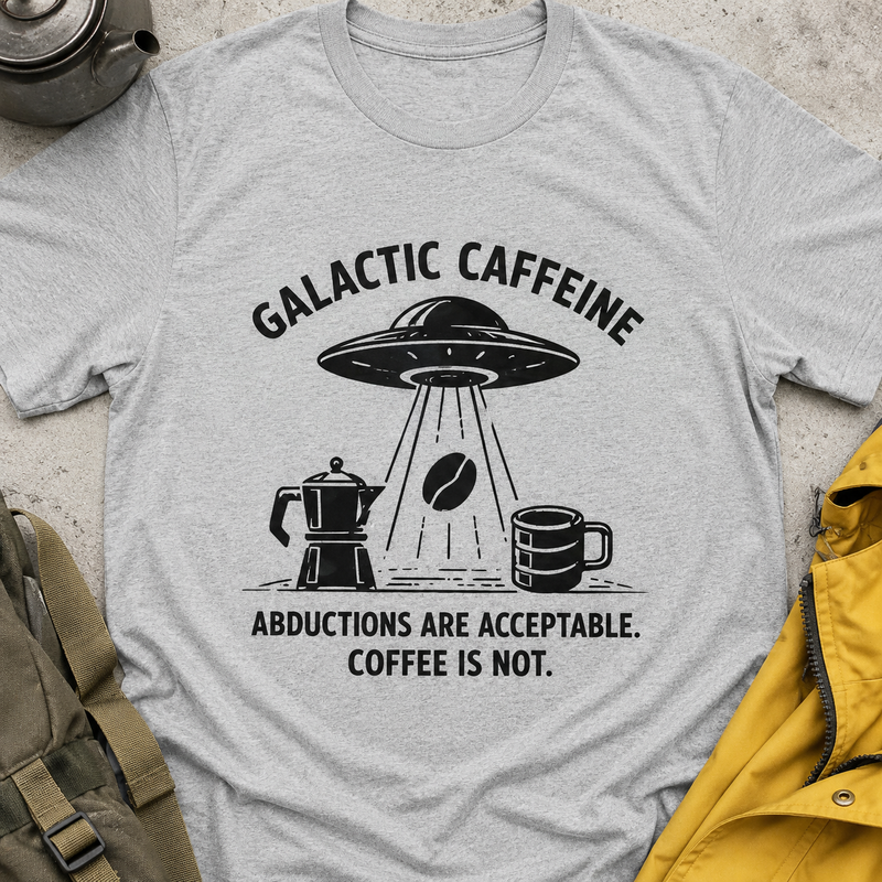 Galactic Caffeine UFO T-Shirt — “Abductions are Acceptable. Coffee is Not.” Alien Coffee Tee