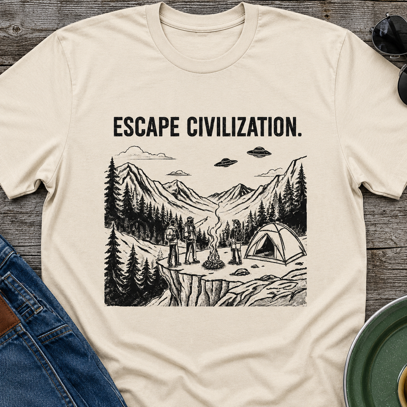 Escape Civilization T-Shirt | UFO Camping Graphic Tee | Alien Abduction Mountain Nature Shirt