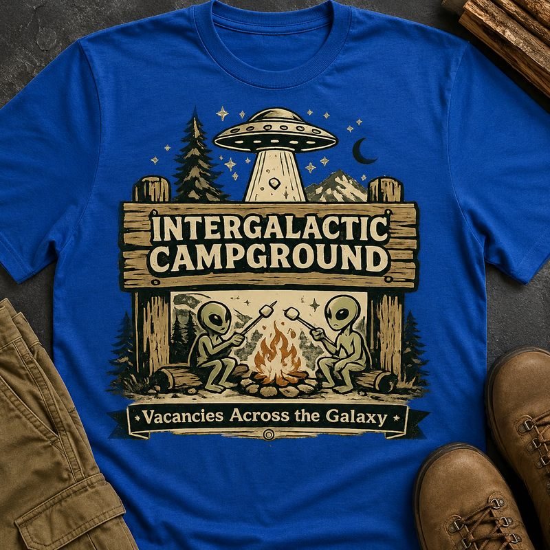 Intergalactic Campground T-Shirt — Vacancies Across the Galaxy | Funny Alien Camping Shirt | Strange Trails