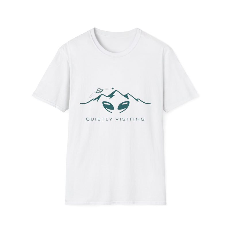 Funny Alien Mountain Shirt | Strange Trails Wilderness — Quietly Visiting Minimalist Alien Tee