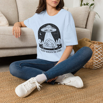 Sleep Beneath the Stars T-Shirt | UFO Abduction Camping Graphic Tee | Funny Alien Tent Shirt