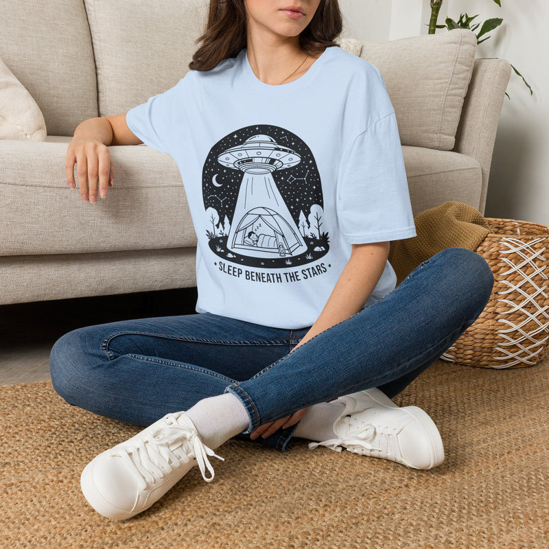 Sleep Beneath the Stars T-Shirt | UFO Abduction Camping Graphic Tee | Funny Alien Tent Shirt