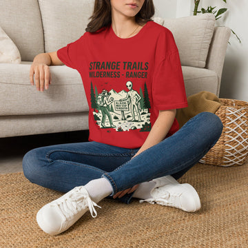 Strange Trails Wilderness Ranger Alien Hiking T-Shirt | Funny UFO Camping Graphic