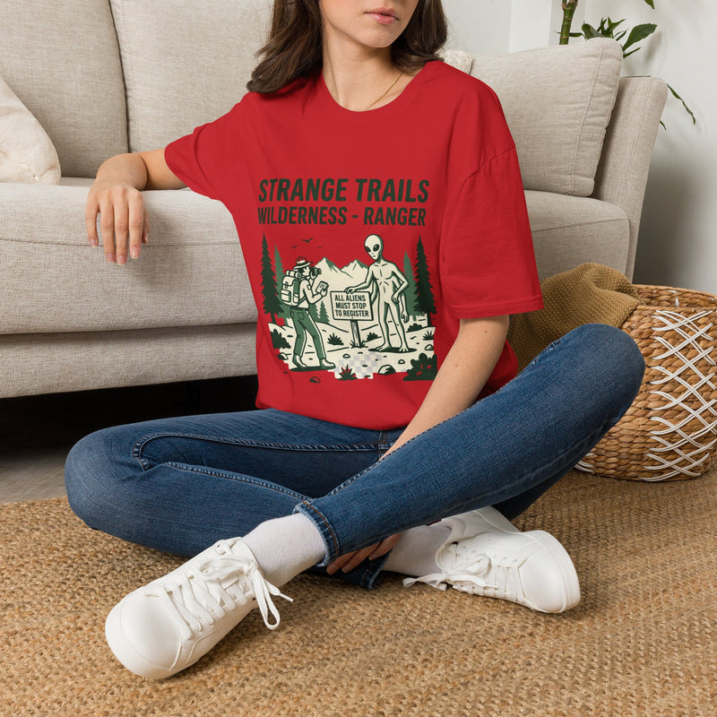 Strange Trails Wilderness Ranger Alien Hiking T-Shirt | Funny UFO Camping Graphic